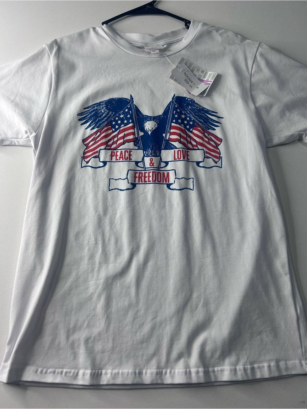 NWT LuLaRoe Medium Rocker T Peace Love & Freedom Graphic Tee - White
